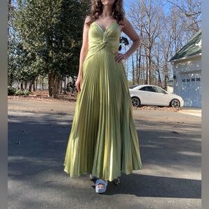Bari Jay 4 Twist Bust Iridescent Chiffon Spaghetti Strap Green Pleated Maxi Gown